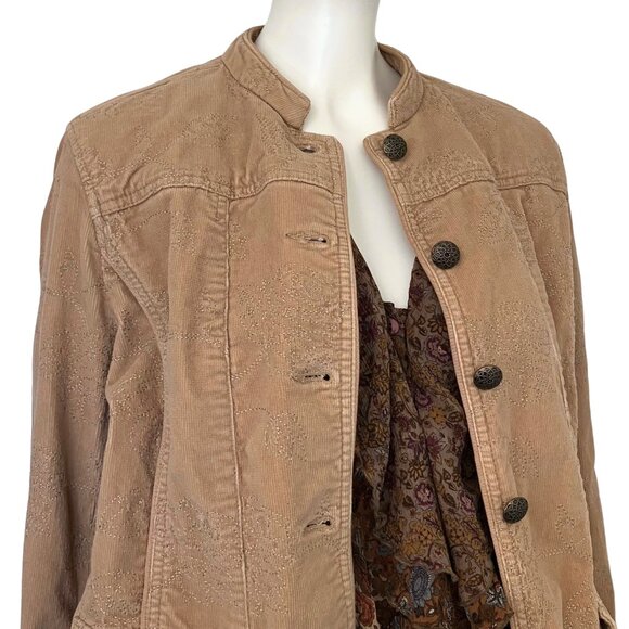 Vintage Y2K Tan Corduroy Jacket Tonal Floral Embroidered Medium Boho Cottagecore - Picture 8 of 13